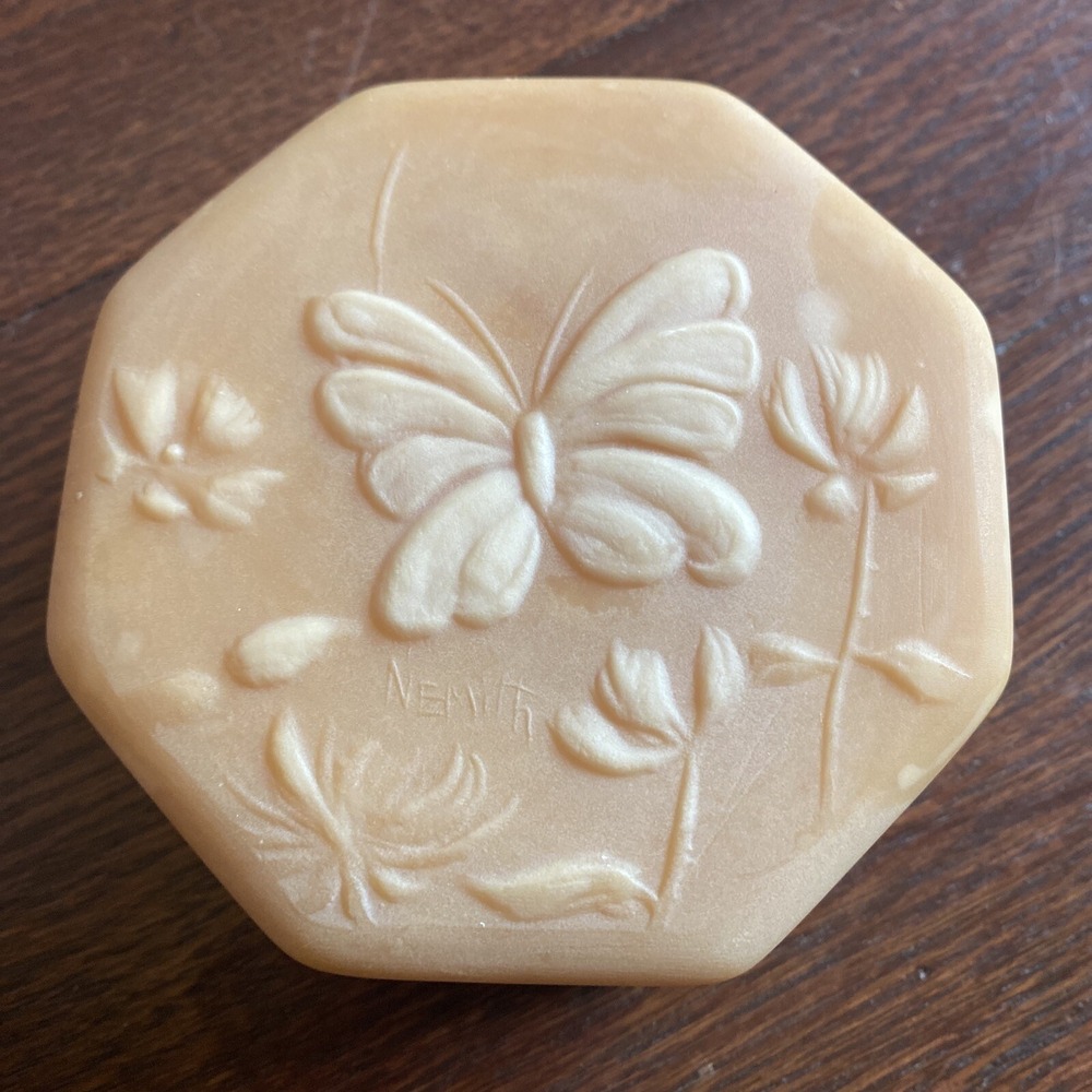 Vintage Butterfly Floral Soapstone Trinket Box Pink Hexagon Design Signed Nemith